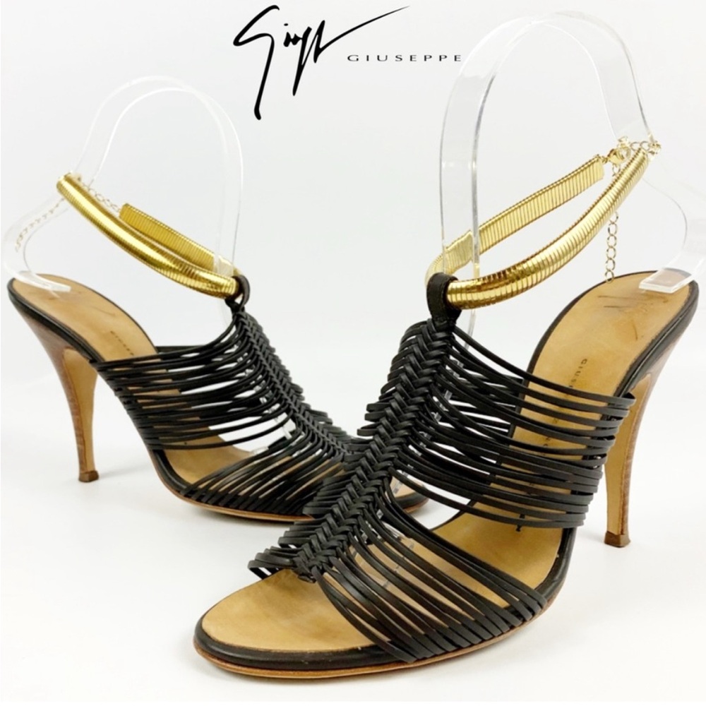 Giuseppe Zanotti Strappy Black and Gold Heels